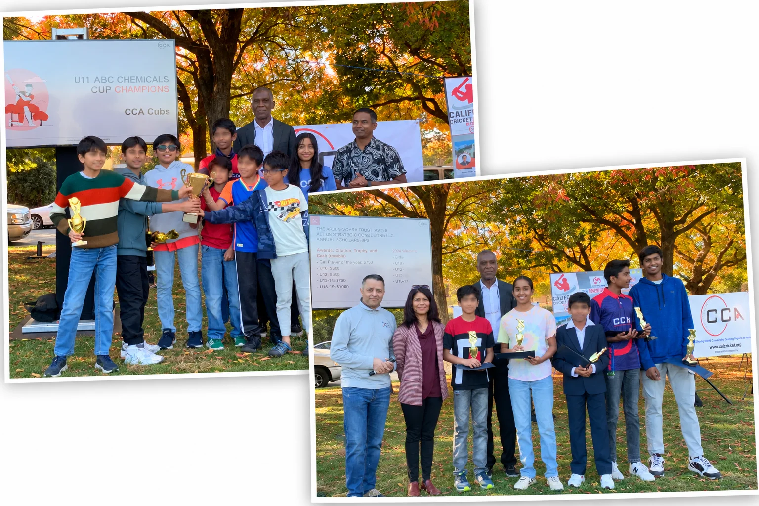 Young cricket players receiving awards at an outdoor event