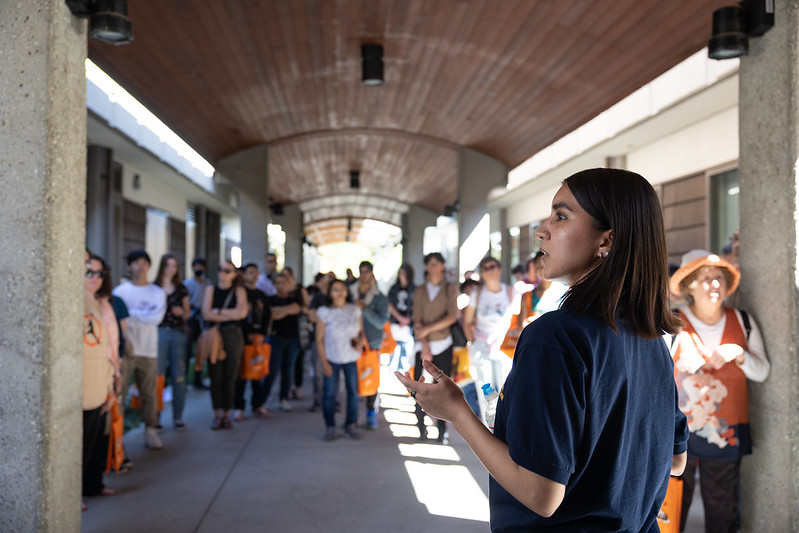 A student ambassador leading a campus tour at West Valley College