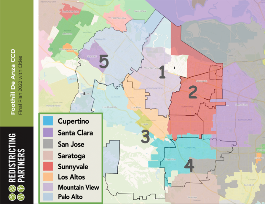 Map of the five Foothill-De Anza Community College District trustee areas