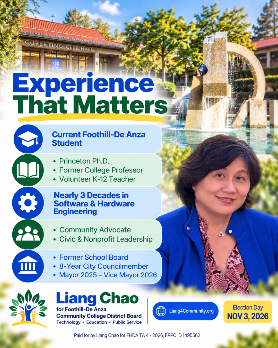 Liang Chao experience summary highlighting her current student perspective, education, technology career, public service, and community leadership.