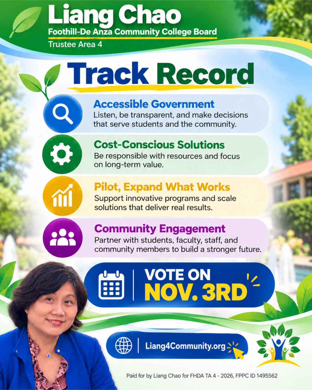 Liang Chao track record and November 3 voting information.