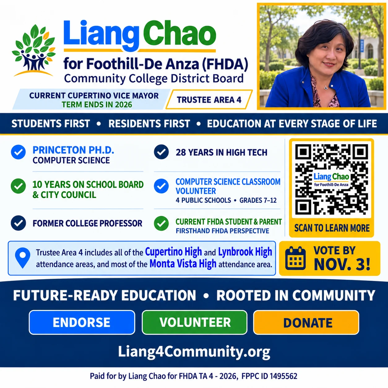 English campaign graphic introducing Liang Chao, her experience, Trustee Area 4, and ways to support the campaign.